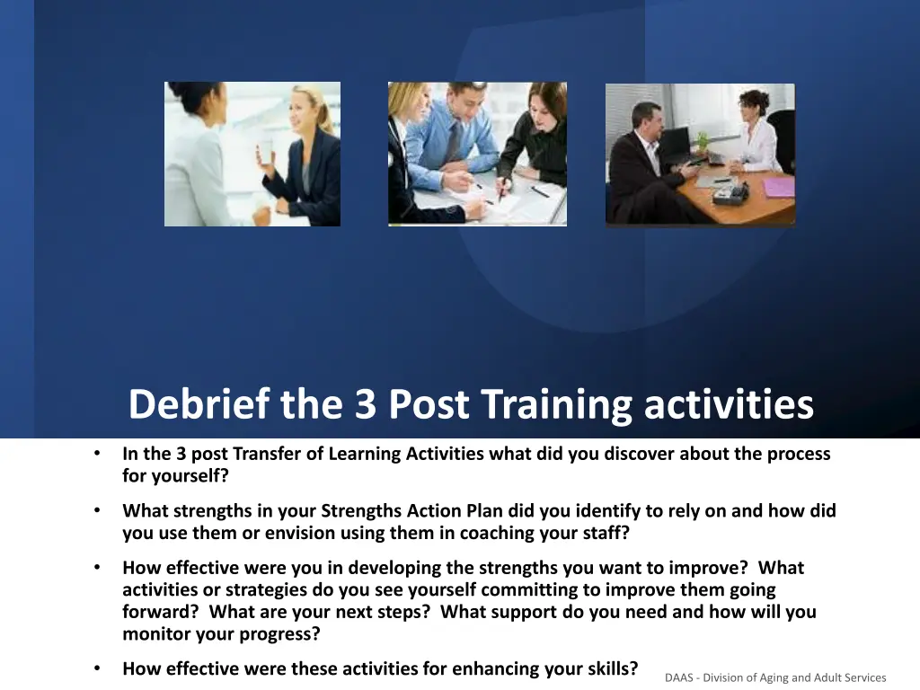debrief the 3 post training activities