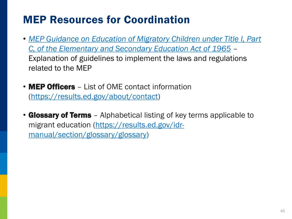 mep resources for coordination