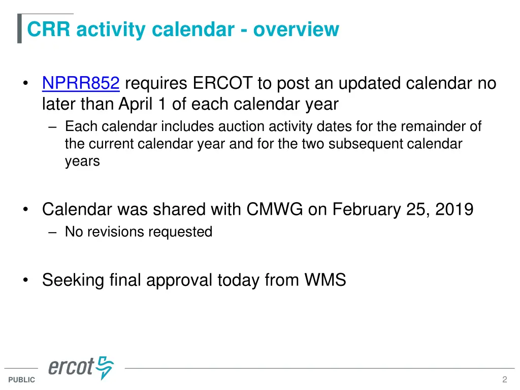 crr activity calendar overview