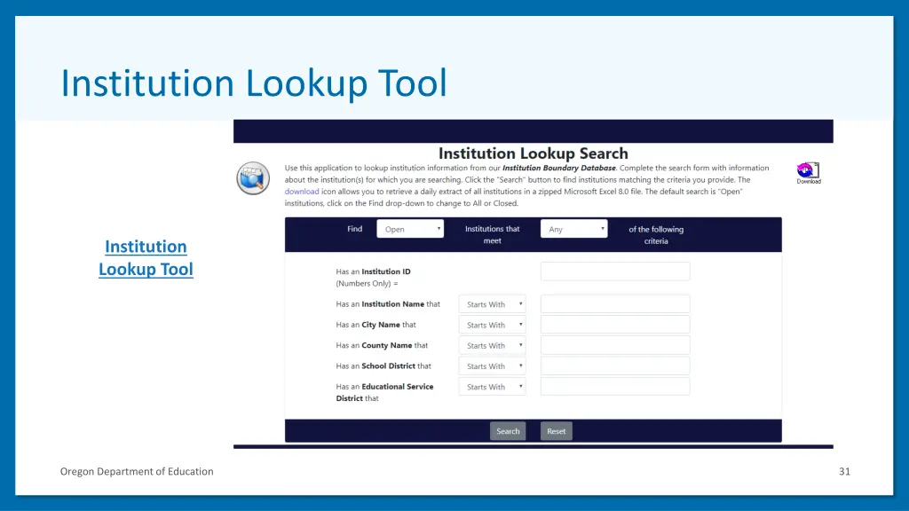 institution lookup tool