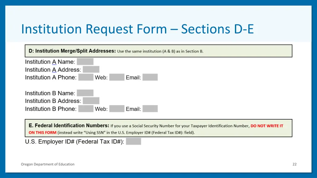institution request form sections d e