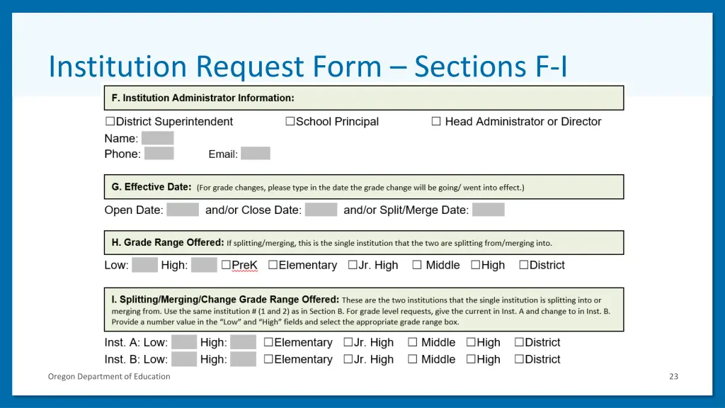 institution request form sections f i