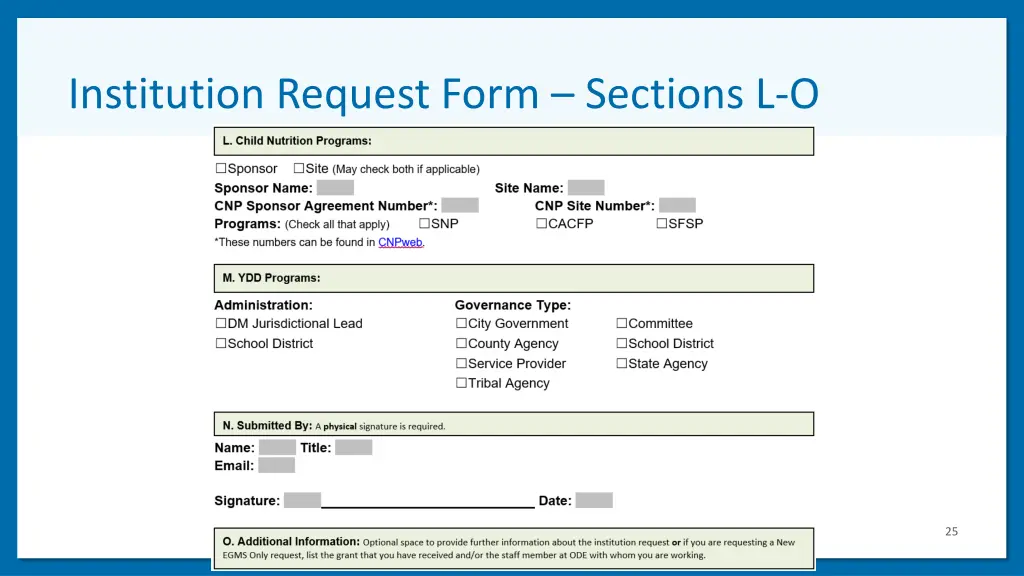 institution request form sections l o
