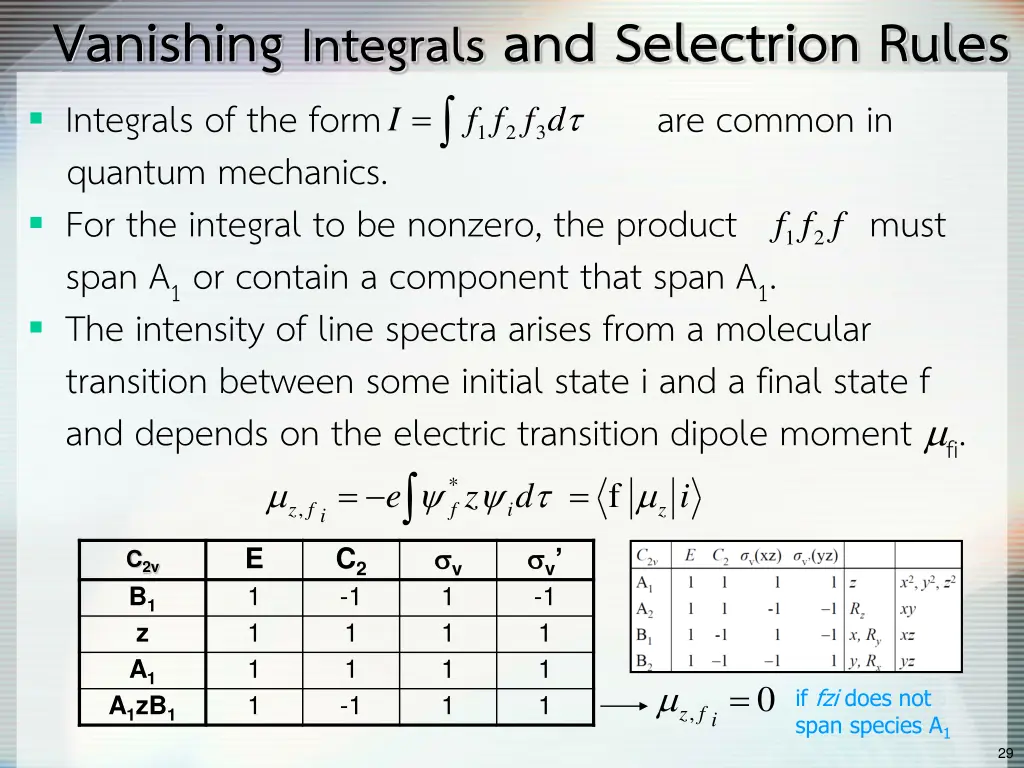 vanishing integrals and selectrion rules