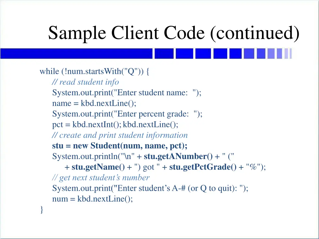 sample client code continued