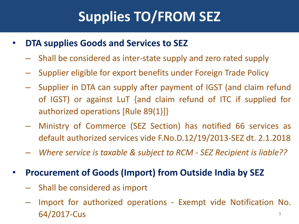 supplies to from sez