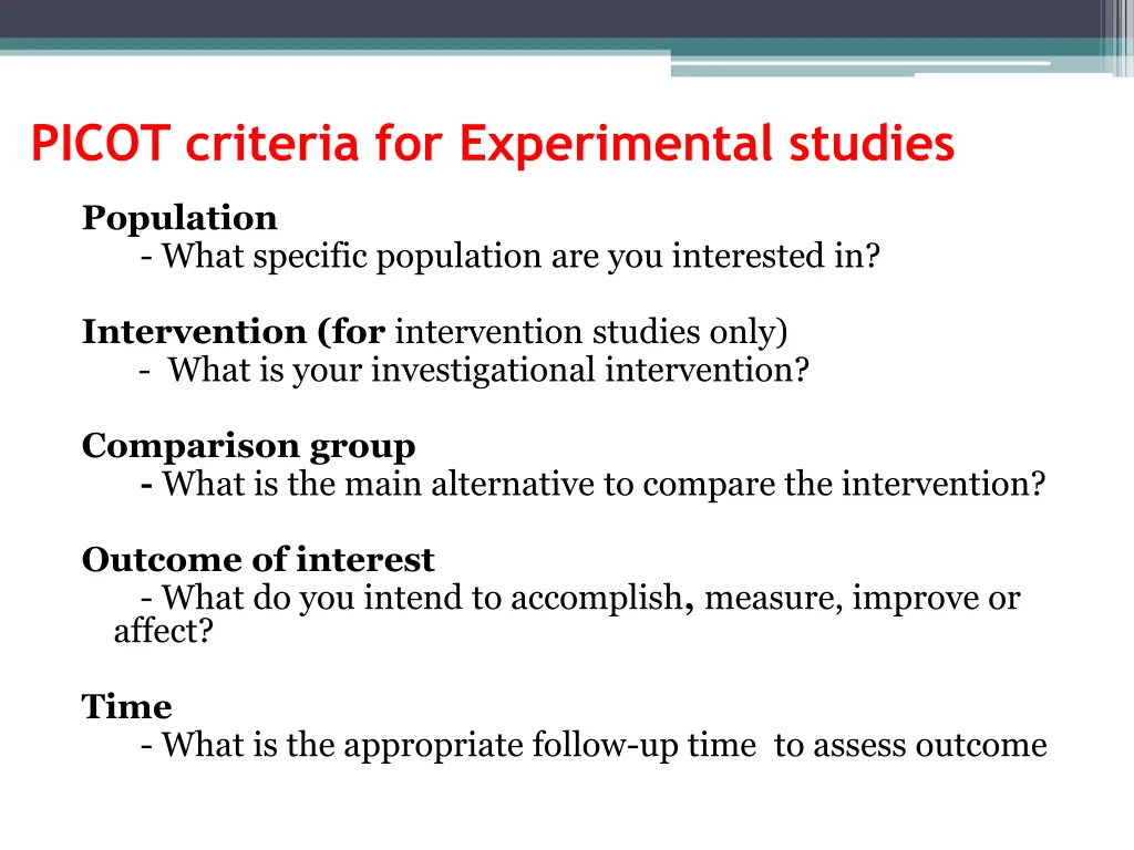 picot criteria for experimental studies