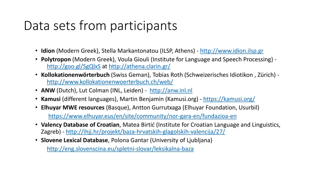 data sets from participants