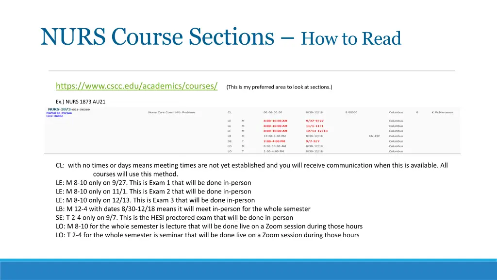 nurs course sections how to read