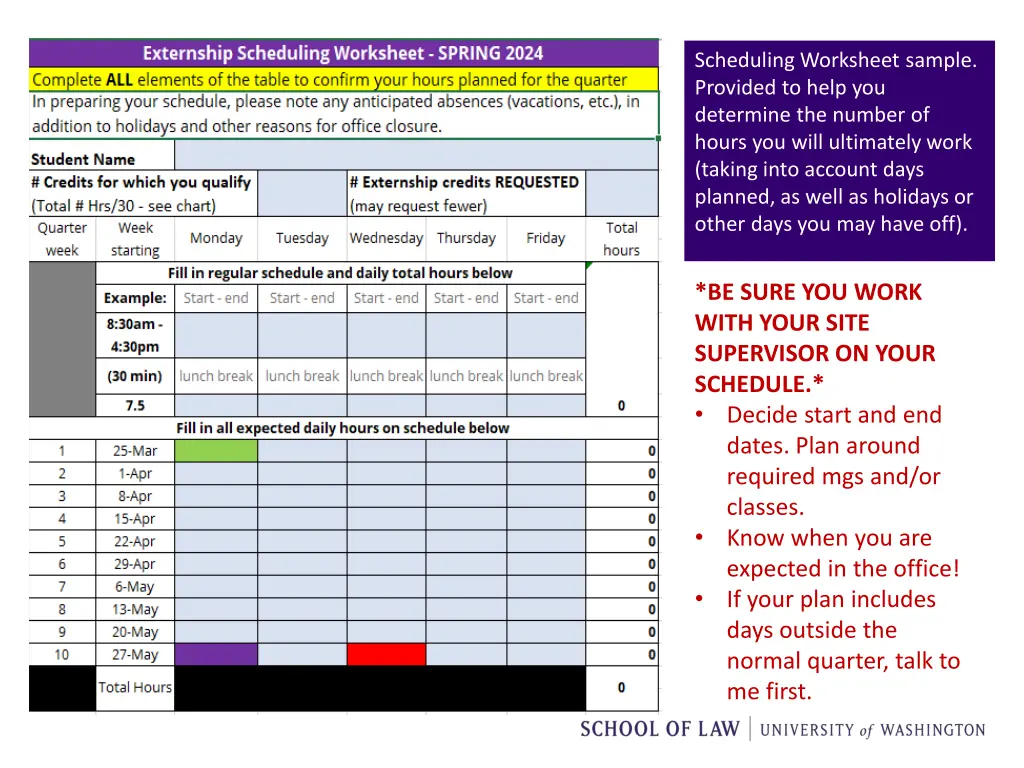 scheduling worksheet sample provided to help