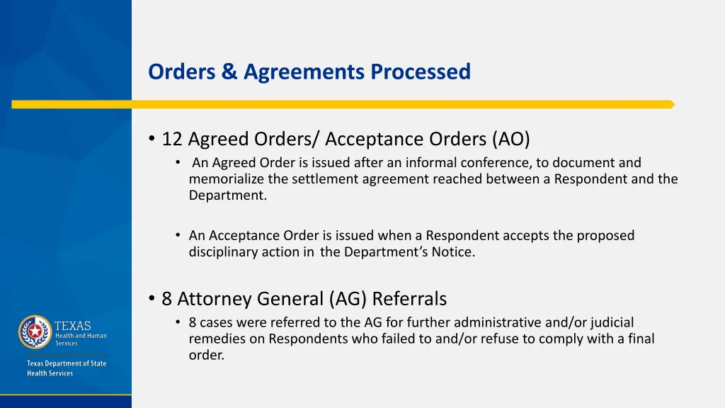 orders agreements processed