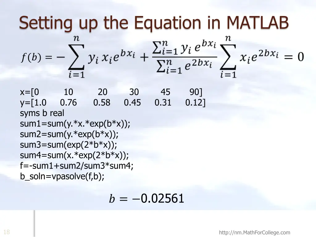 setting up the equation in matlab 1