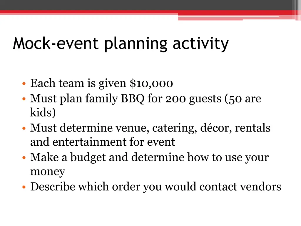 mock event planning activity