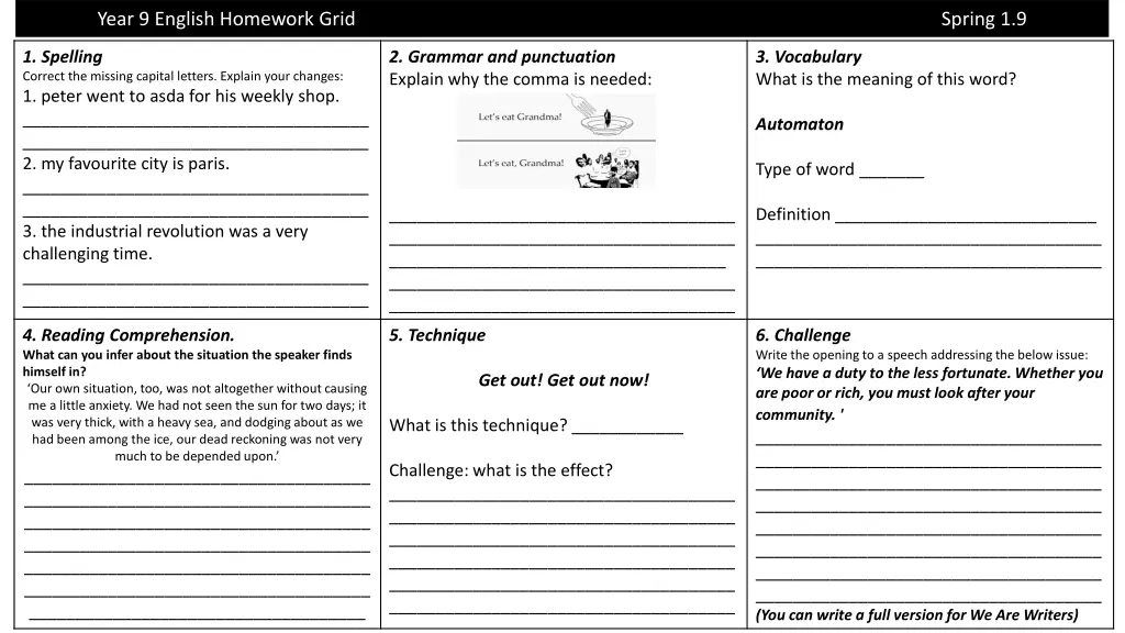 year 9 english homework grid 1