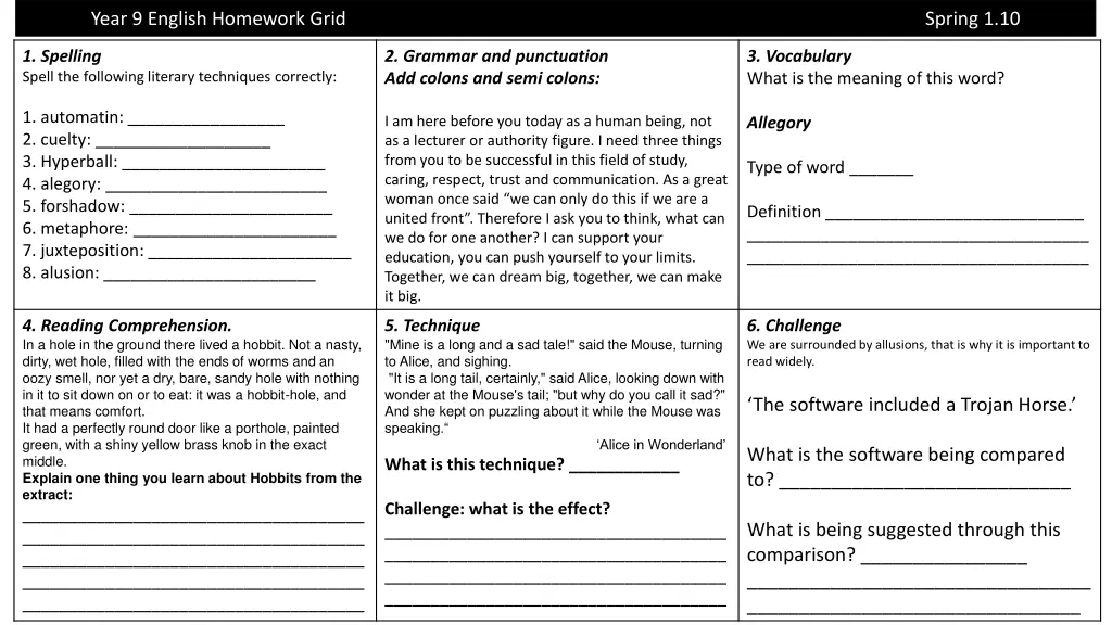 year 9 english homework grid 2