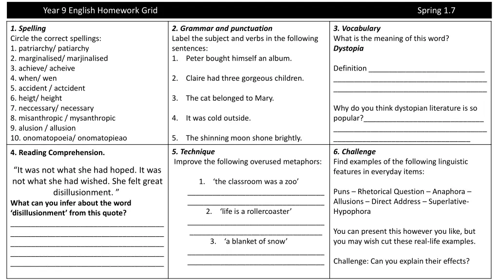 year 9 english homework grid