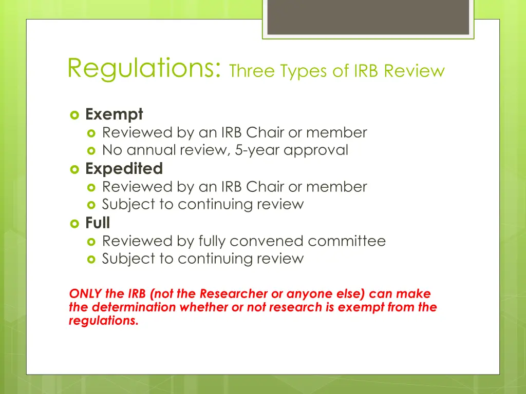 regulations three types of irb review