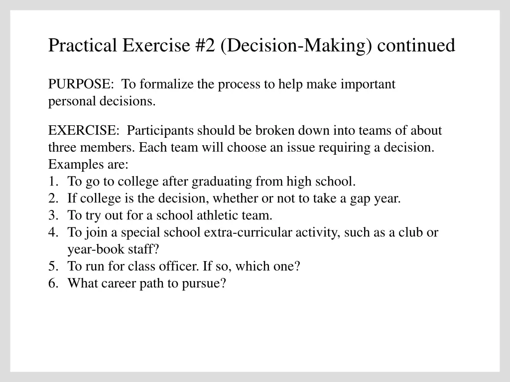 practical exercise 2 decision making continued