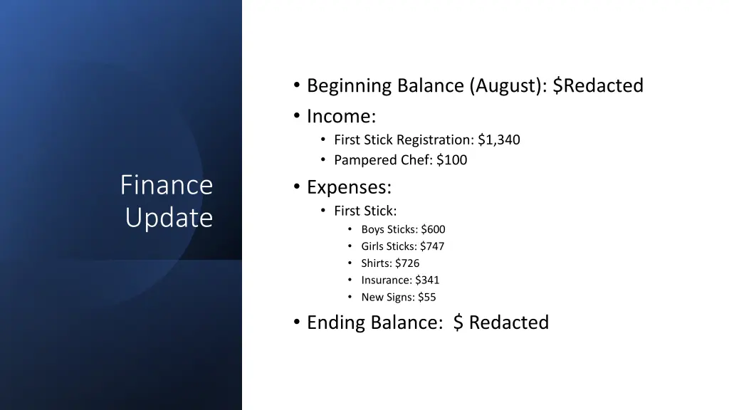 beginning balance august redacted income first