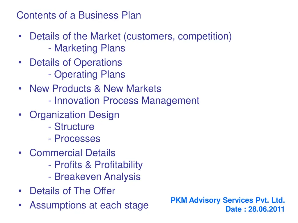 contents of a business plan