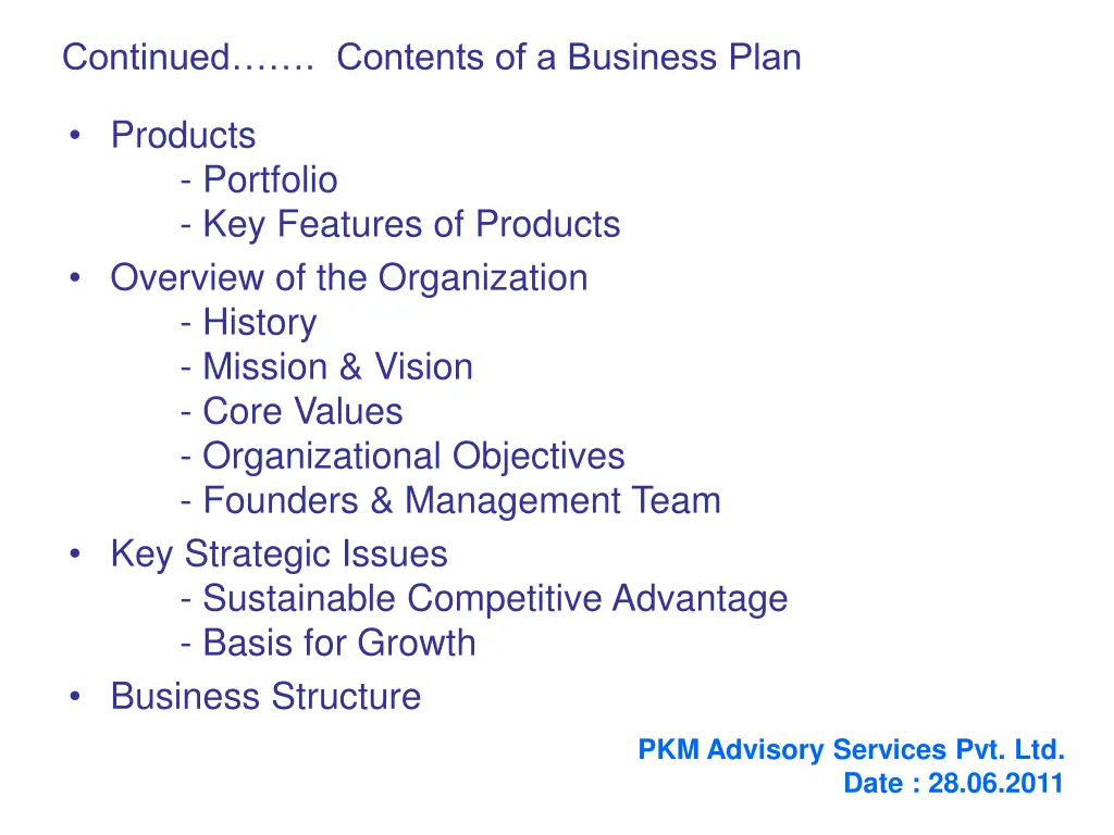 continued contents of a business plan