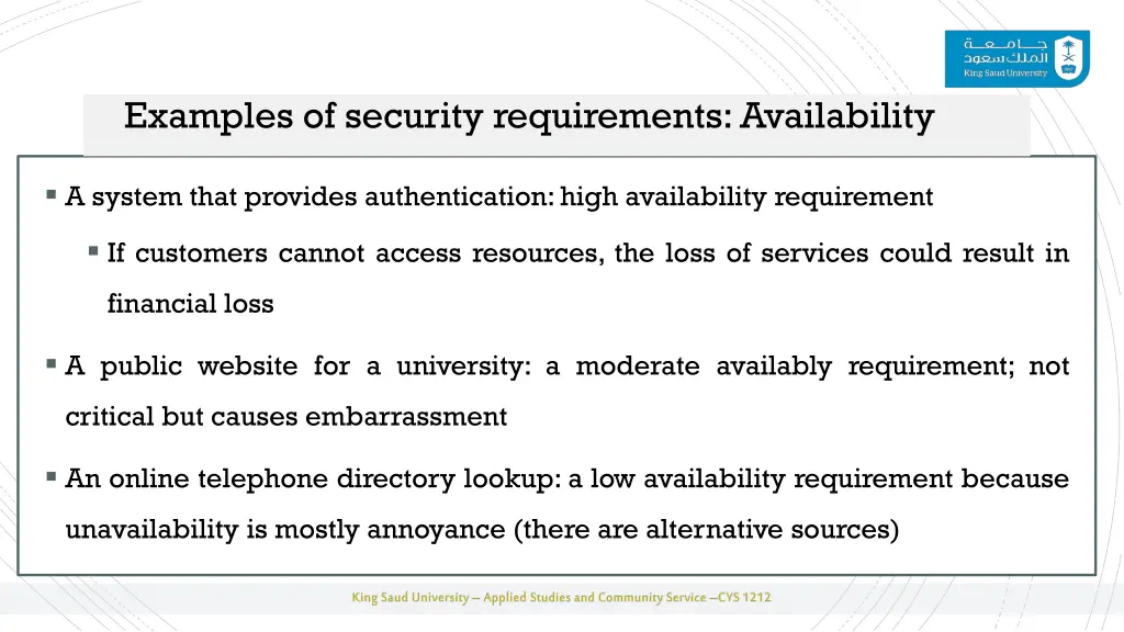 examples of security requirements availability