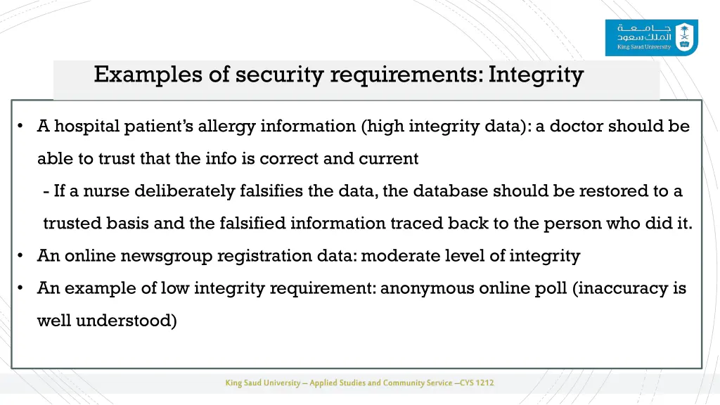 examples of security requirements integrity