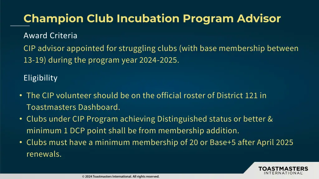 champion club incubation program advisor