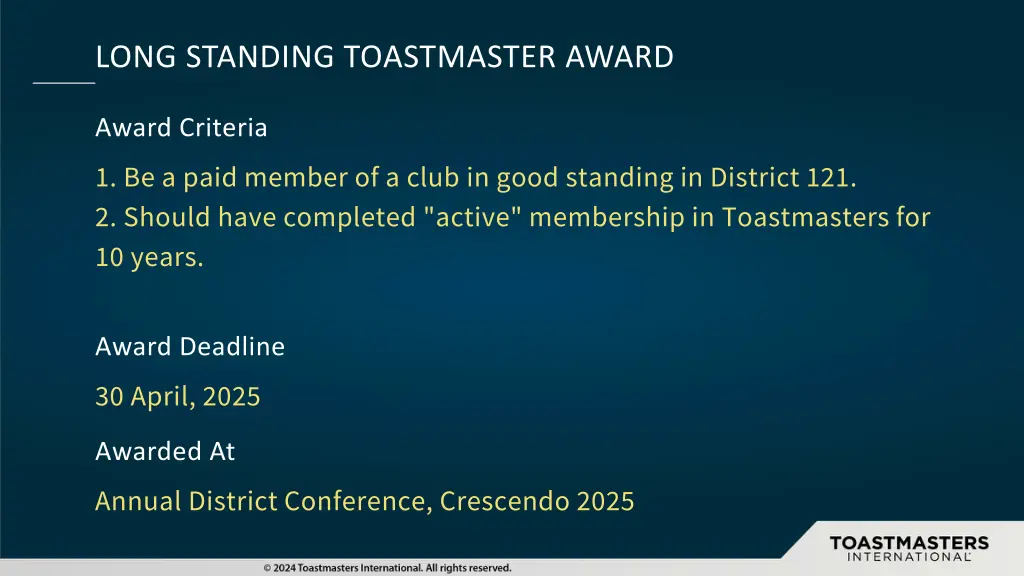 long standing toastmaster award