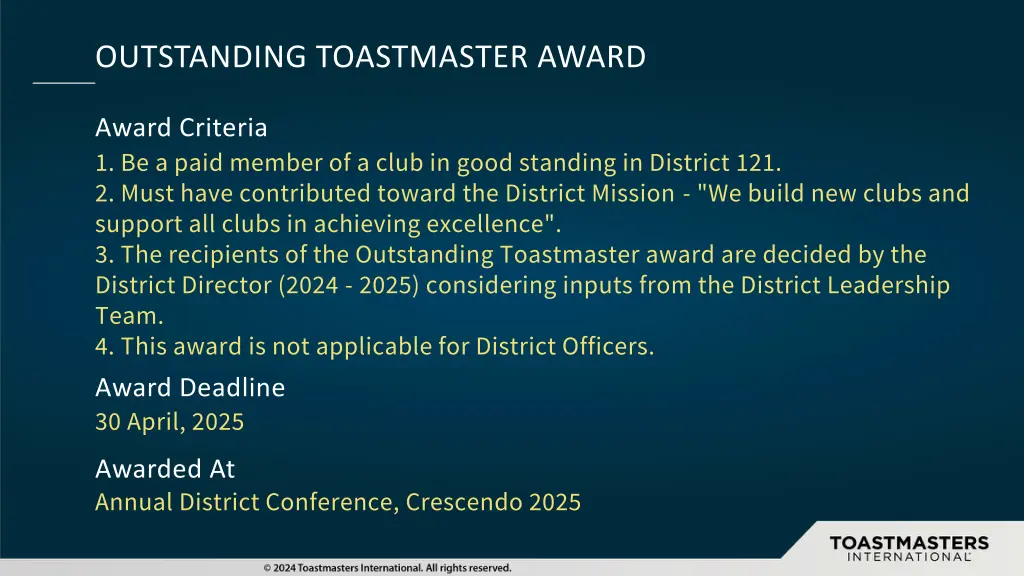 outstanding toastmaster award