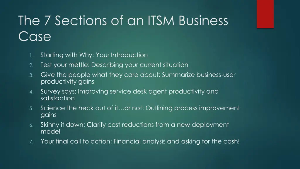 the 7 sections of an itsm business case