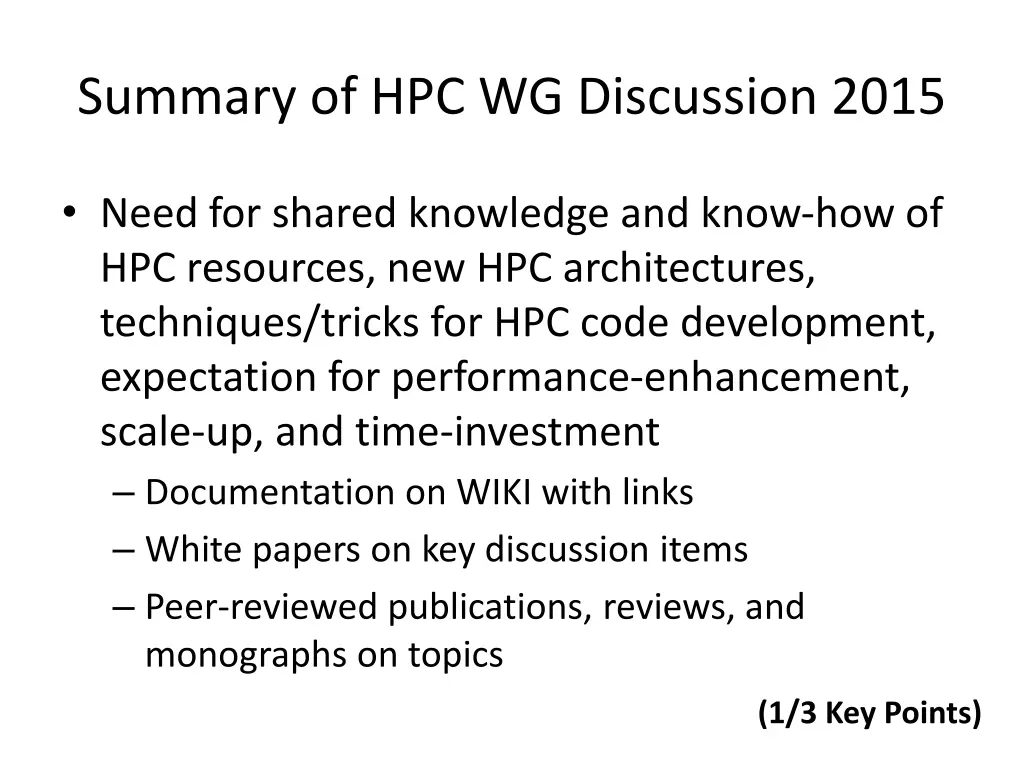 summary of hpc wg discussion 2015
