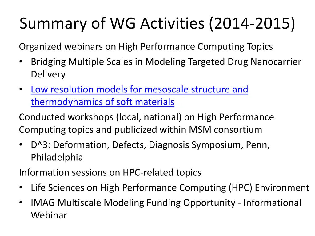 summary of wg activities 2014 2015