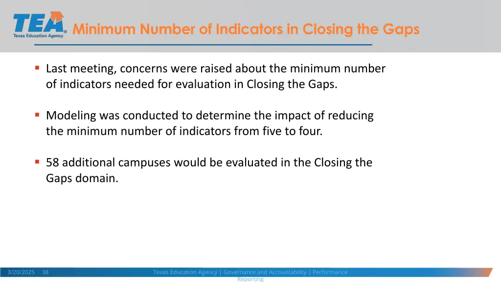 minimum number of indicators in closing the gaps