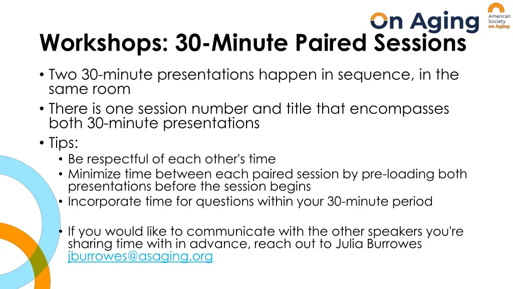 workshops 30 minute paired sessions