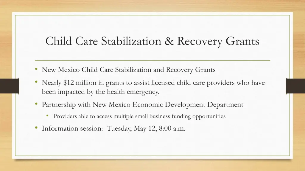 child care stabilization recovery grants