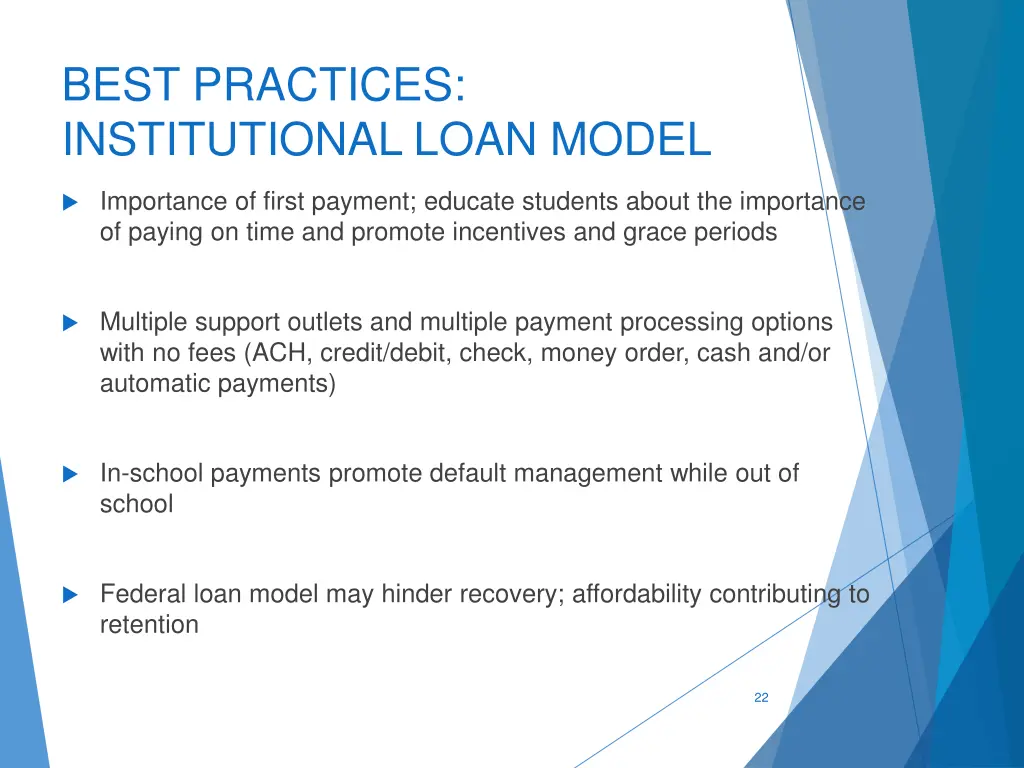 best practices institutional loan model