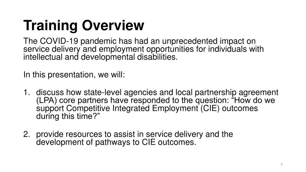 training overview the covid 19 pandemic