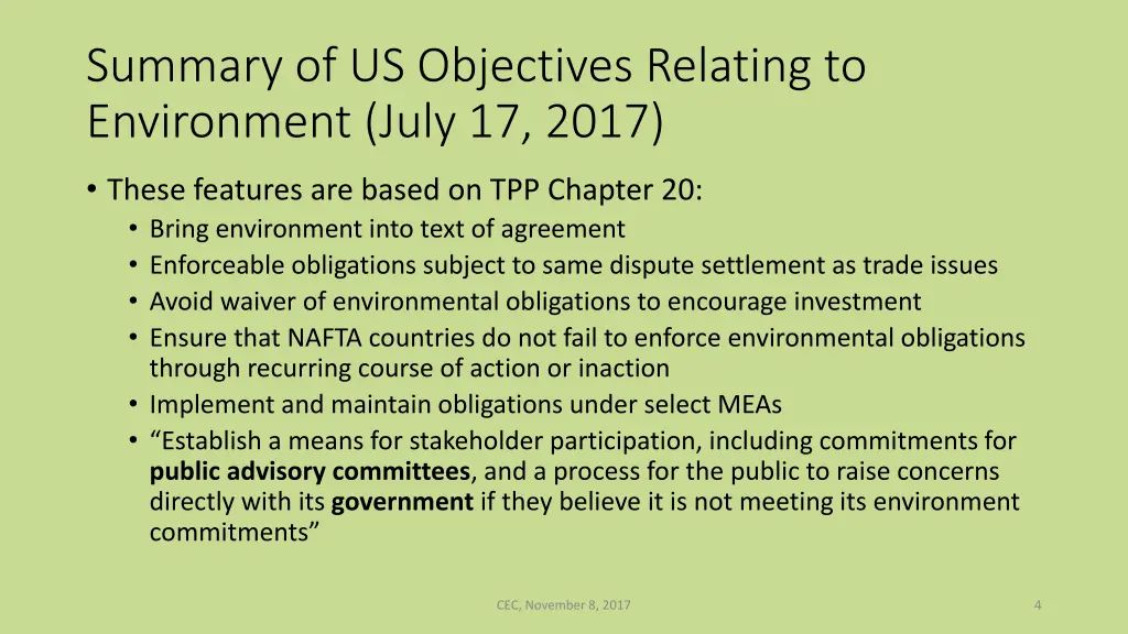 summary of us objectives relating to environment