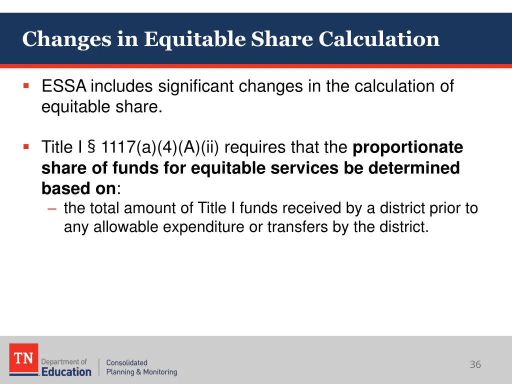 changes in equitable share calculation