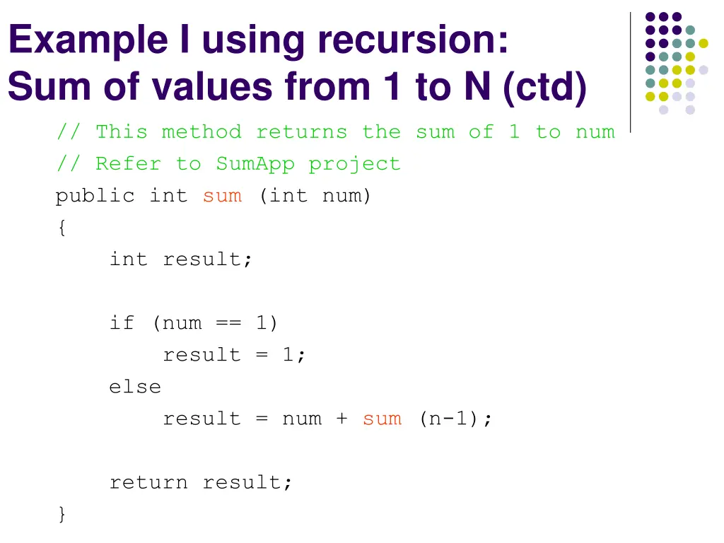 example i using recursion sum of values from 1