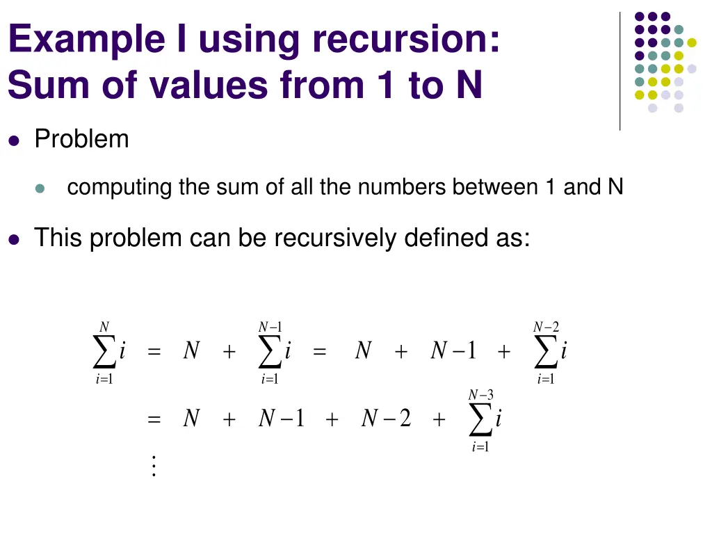 example i using recursion sum of values from