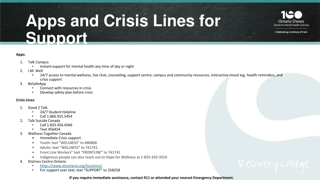 apps and crisis lines for support
