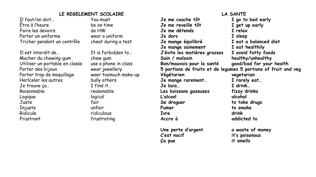 le regelement scolaire you must be on time