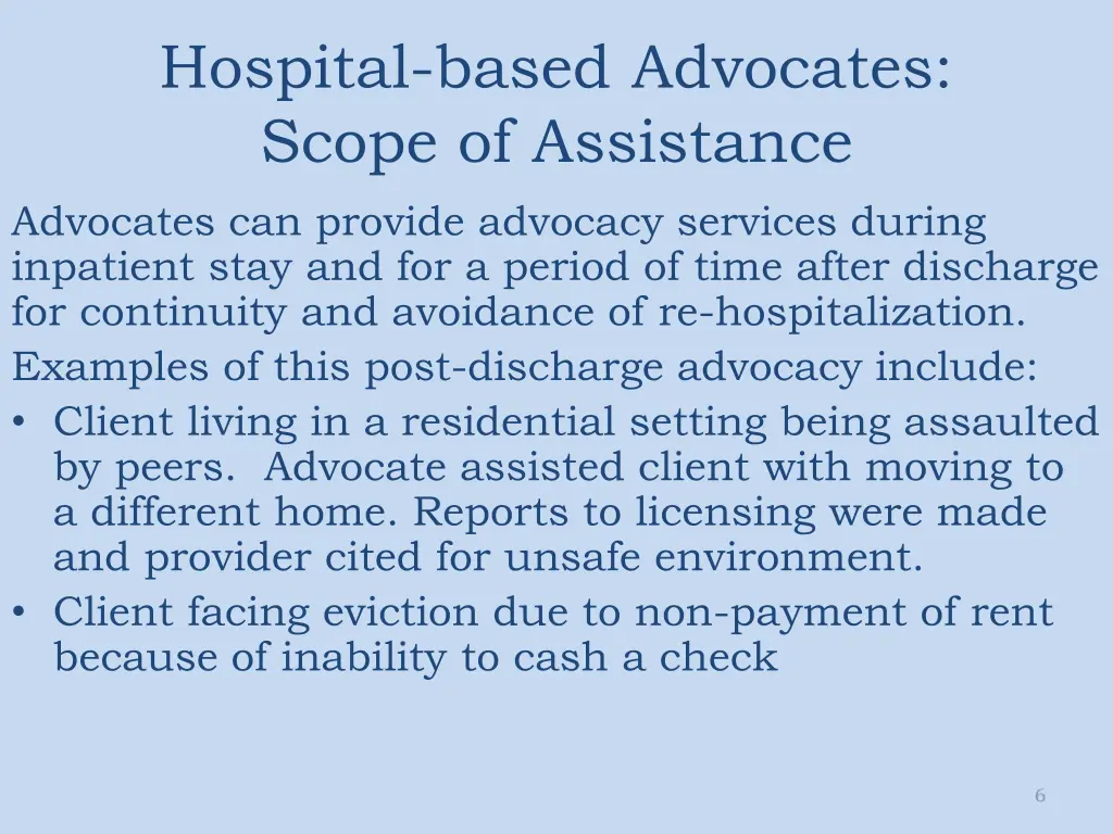 hospital based advocates scope of assistance