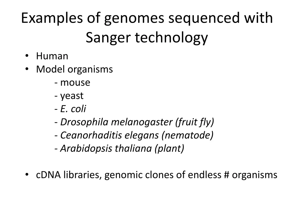 examples of genomes sequenced with sanger