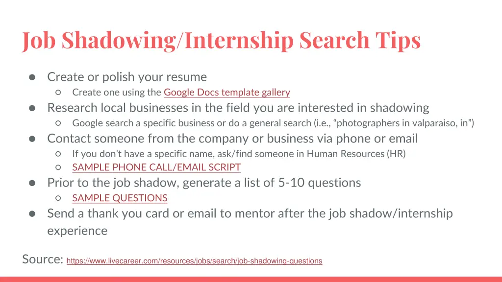 job shadowing internship search tips
