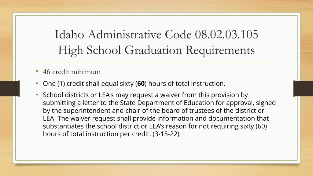 idaho administrative code 08 02 03 105 high