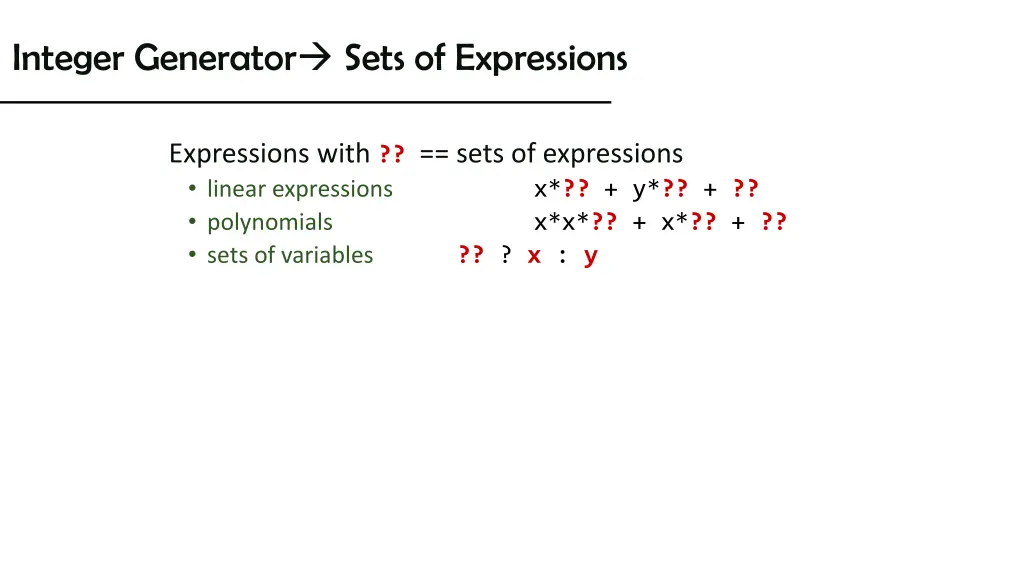 integer generator sets of expressions