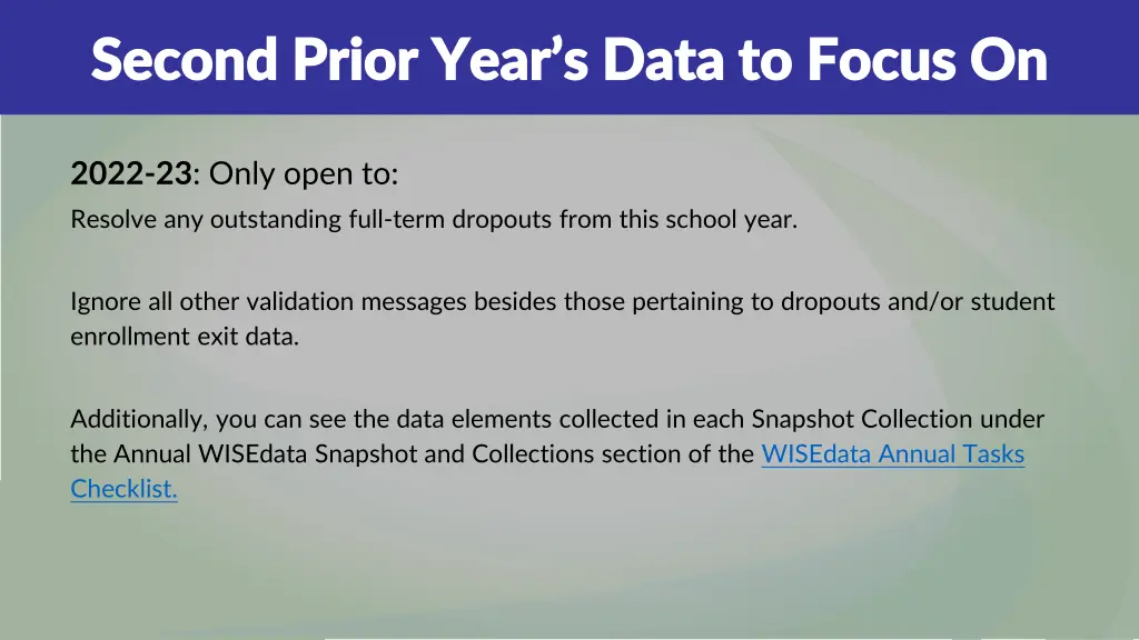 second prior year s data to focus on second prior